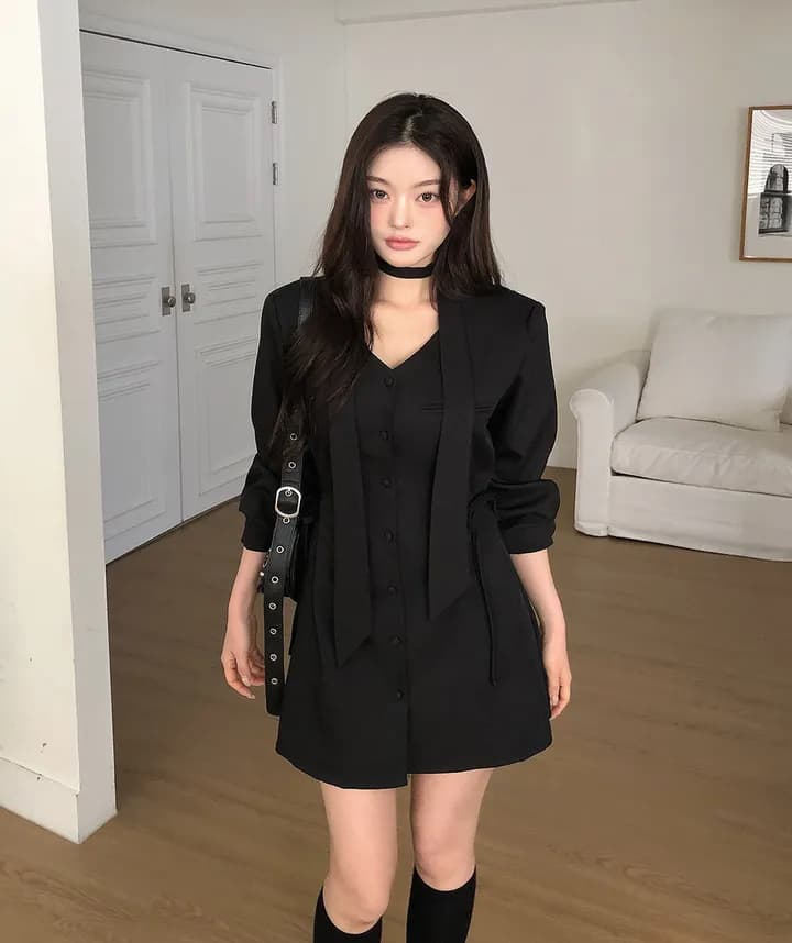 ins 가을 프랑스식 고급 센스 레트로 V넥 목도리 레이스업 허리 수축 싱글 줄 버튼 품격 정장 드레스 이미지 3
