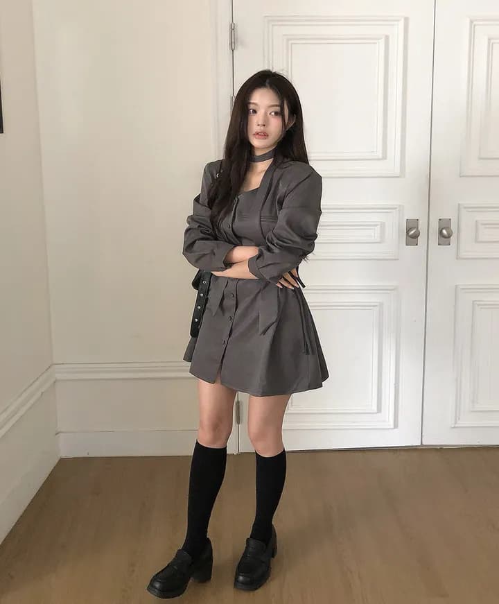 ins 가을 프랑스식 고급 센스 레트로 V넥 목도리 레이스업 허리 수축 싱글 줄 버튼 품격 정장 드레스 상세 이미지 6