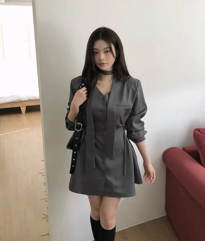 ins 가을 프랑스식 고급 센스 레트로 V넥 목도리 레이스업 허리 수축 싱글 줄 버튼 품격 정장 드레스 상세 이미지 7