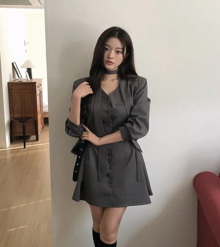 ins 가을 프랑스식 고급 센스 레트로 V넥 목도리 레이스업 허리 수축 싱글 줄 버튼 품격 정장 드레스 상세 이미지 9