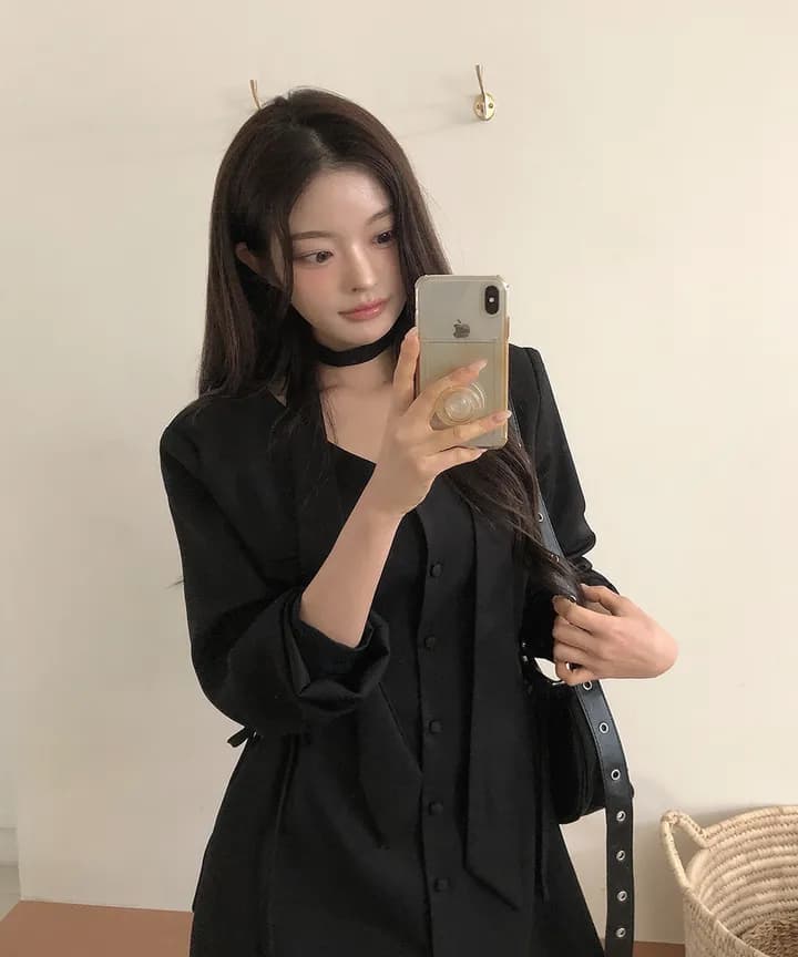 ins 가을 프랑스식 고급 센스 레트로 V넥 목도리 레이스업 허리 수축 싱글 줄 버튼 품격 정장 드레스 상세 이미지 13