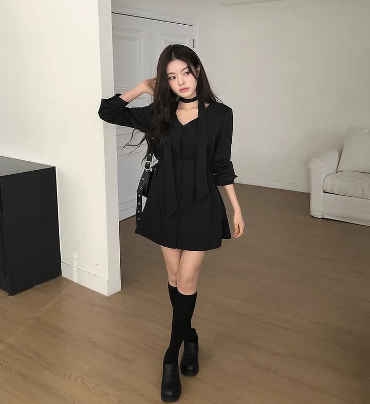ins 가을 프랑스식 고급 센스 레트로 V넥 목도리 레이스업 허리 수축 싱글 줄 버튼 품격 정장 드레스 상세 이미지 14