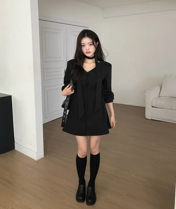 ins 가을 프랑스식 고급 센스 레트로 V넥 목도리 레이스업 허리 수축 싱글 줄 버튼 품격 정장 드레스 상세 이미지 20