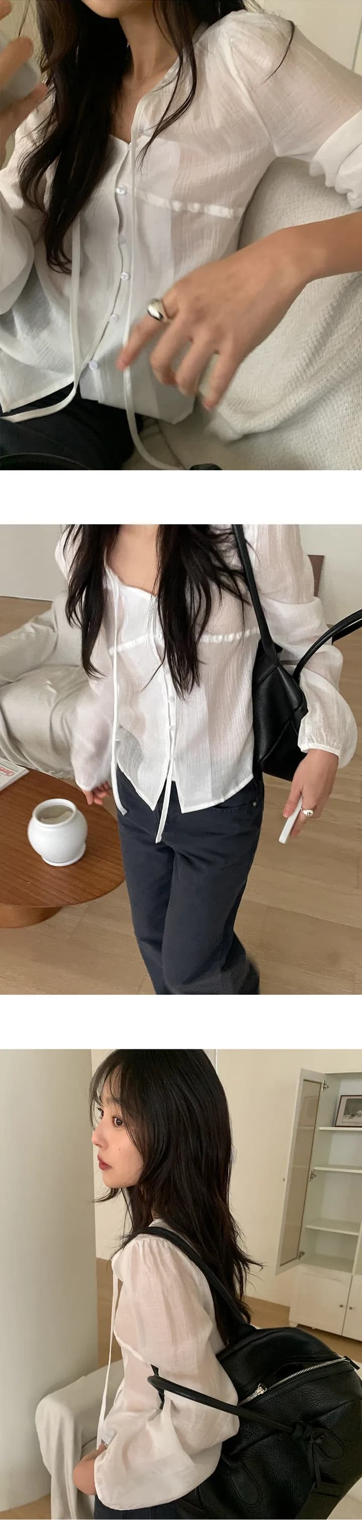 chic 한 부서 이른 가을 프랑스식 품격 레이스업 부드러운 주름 장식 거품 소매 쉬폰 자외선 차단 셔츠 맨위 상세 이미지 9