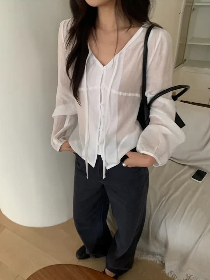 chic 한 부서 이른 가을 프랑스식 품격 레이스업 부드러운 주름 장식 거품 소매 쉬폰 자외선 차단 셔츠 맨위 이미지 4