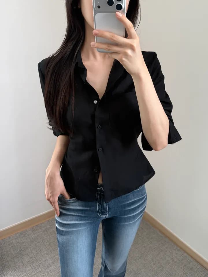 ins 한 부서 이른 가을 레트로 폴로 칼라 주머니 레이스업 허리 수축 싱글 줄 버튼 품격 다용도 7부 소매 셔츠 맨위 이미지 2