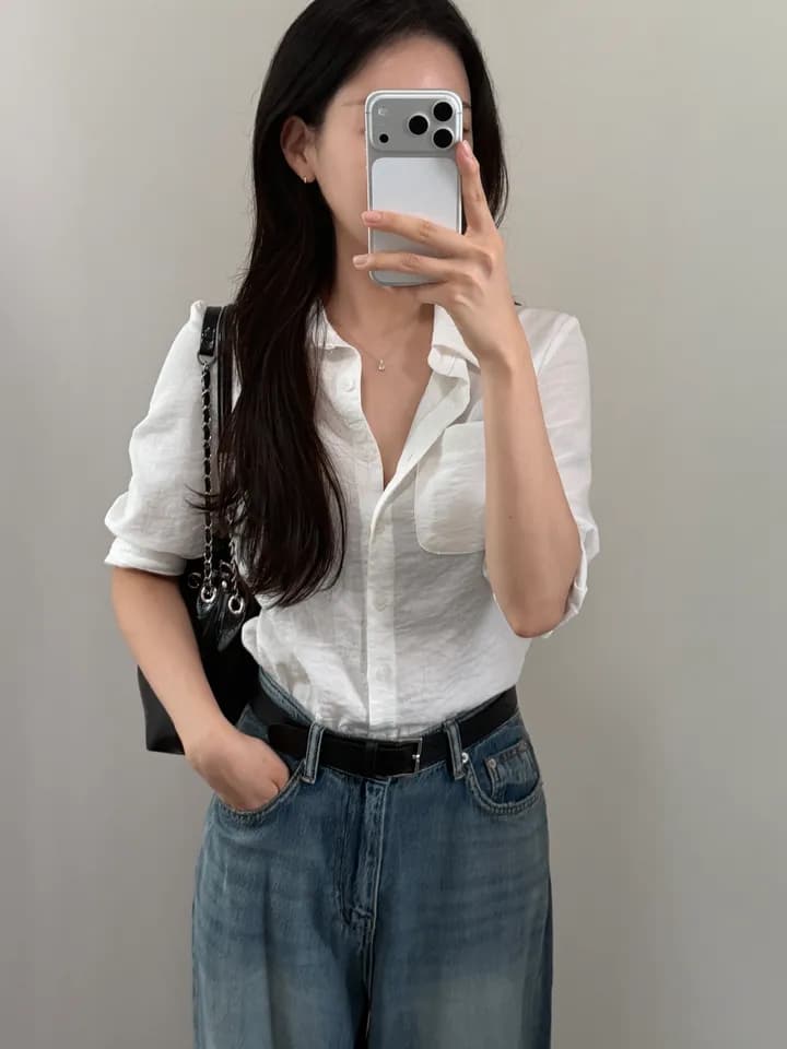 ins 한 부서 이른 가을 레트로 폴로 칼라 주머니 레이스업 허리 수축 싱글 줄 버튼 품격 다용도 7부 소매 셔츠 맨위 상세 이미지 6