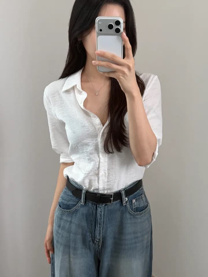 ins 한 부서 이른 가을 레트로 폴로 칼라 주머니 레이스업 허리 수축 싱글 줄 버튼 품격 다용도 7부 소매 셔츠 맨위 상세 이미지 9