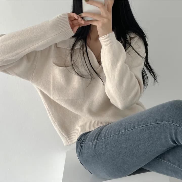 chic 한 부서 가을 작은 대중 V넥 느긋한 캐주얼 풀오버 루즈핏 슬림해 보이는 패션 다용도 니트 스웨터 스웨터 이미지 2
