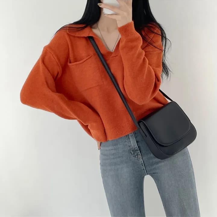 chic 한 부서 가을 작은 대중 V넥 느긋한 캐주얼 풀오버 루즈핏 슬림해 보이는 패션 다용도 니트 스웨터 스웨터 이미지 3