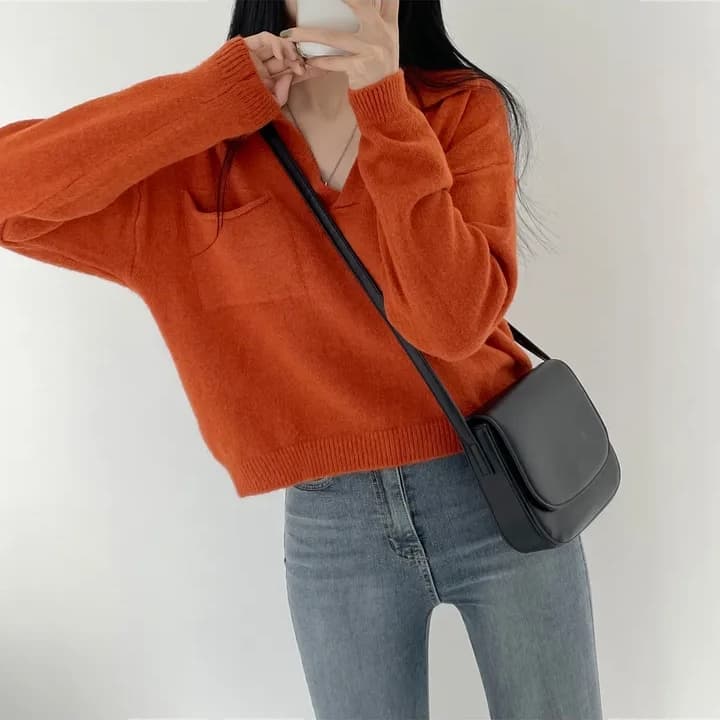 chic 한 부서 가을 작은 대중 V넥 느긋한 캐주얼 풀오버 루즈핏 슬림해 보이는 패션 다용도 니트 스웨터 스웨터 이미지 4