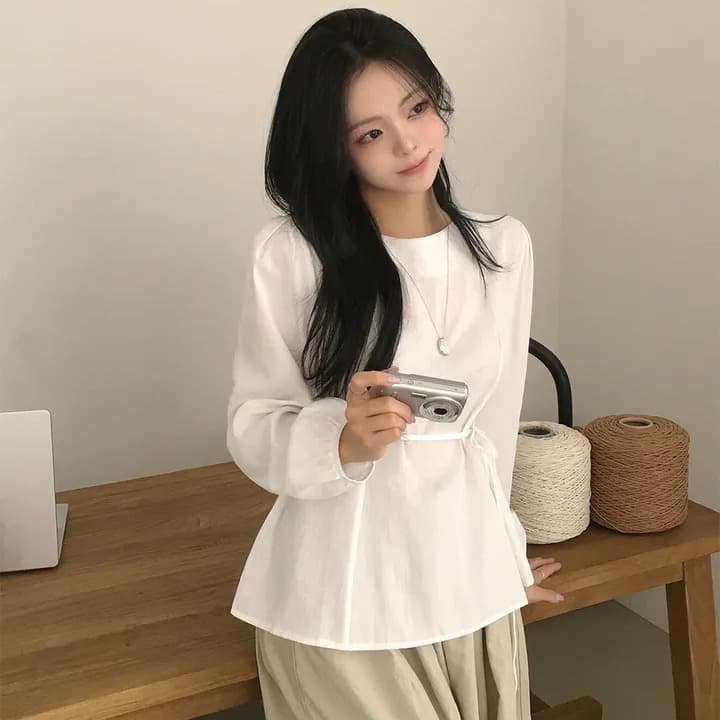 chic 한 부서 가을 부드러운 미니멀리즘 라운드 넥 패션 연령 감소 거품 소매 레이스업 허리 수축 다용도 셔츠 맨위 이미지 3