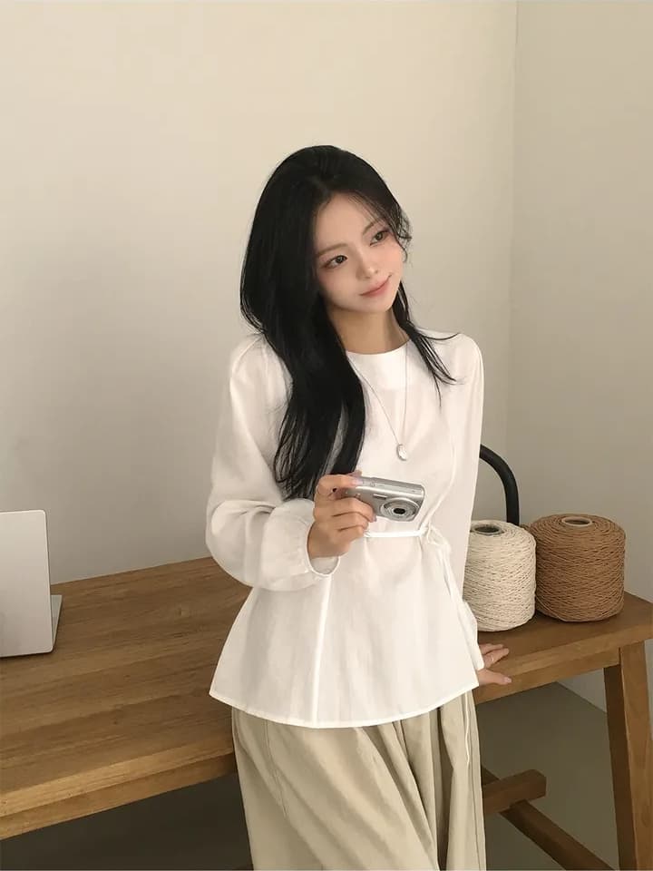 chic 한 부서 가을 부드러운 미니멀리즘 라운드 넥 패션 연령 감소 거품 소매 레이스업 허리 수축 다용도 셔츠 맨위 상세 이미지 1