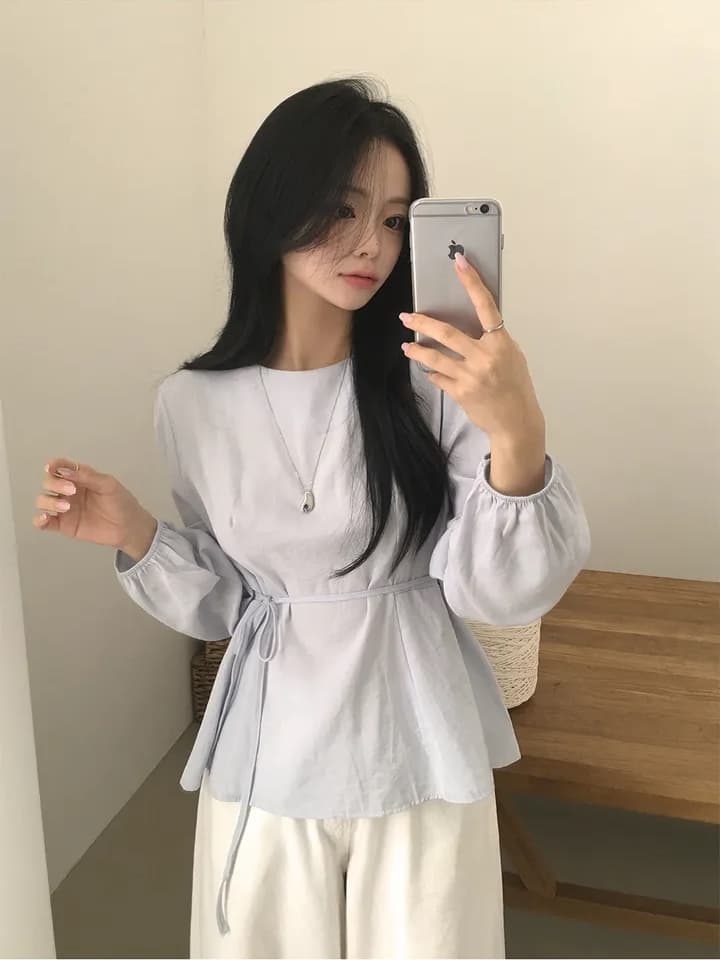 chic 한 부서 가을 부드러운 미니멀리즘 라운드 넥 패션 연령 감소 거품 소매 레이스업 허리 수축 다용도 셔츠 맨위 상세 이미지 7