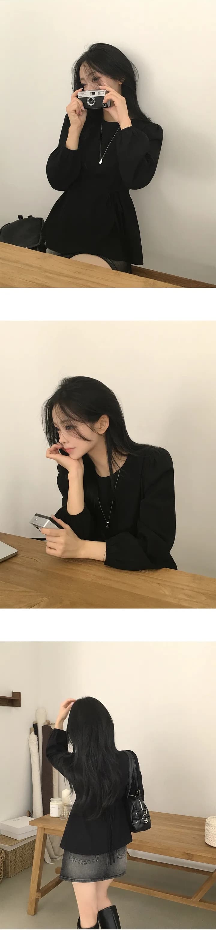 chic 한 부서 가을 부드러운 미니멀리즘 라운드 넥 패션 연령 감소 거품 소매 레이스업 허리 수축 다용도 셔츠 맨위 상세 이미지 14