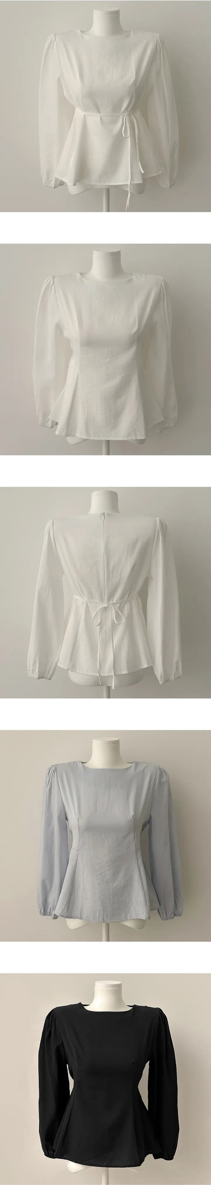 chic 한 부서 가을 부드러운 미니멀리즘 라운드 넥 패션 연령 감소 거품 소매 레이스업 허리 수축 다용도 셔츠 맨위 상세 이미지 16