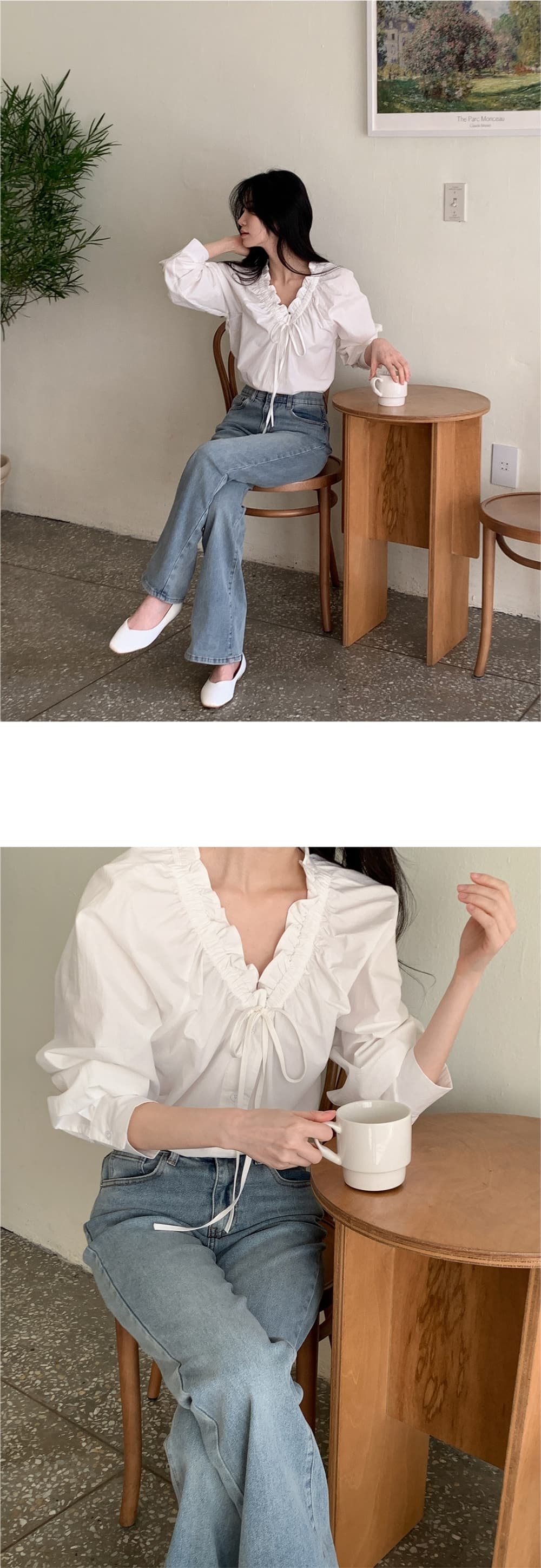 chic 이른 가을 한 부서 부드러운 프랑스식 품격 프릴 V넥 주름 장식 레이스업 긴팔 Chic 셔츠 맨위 상세 이미지 7