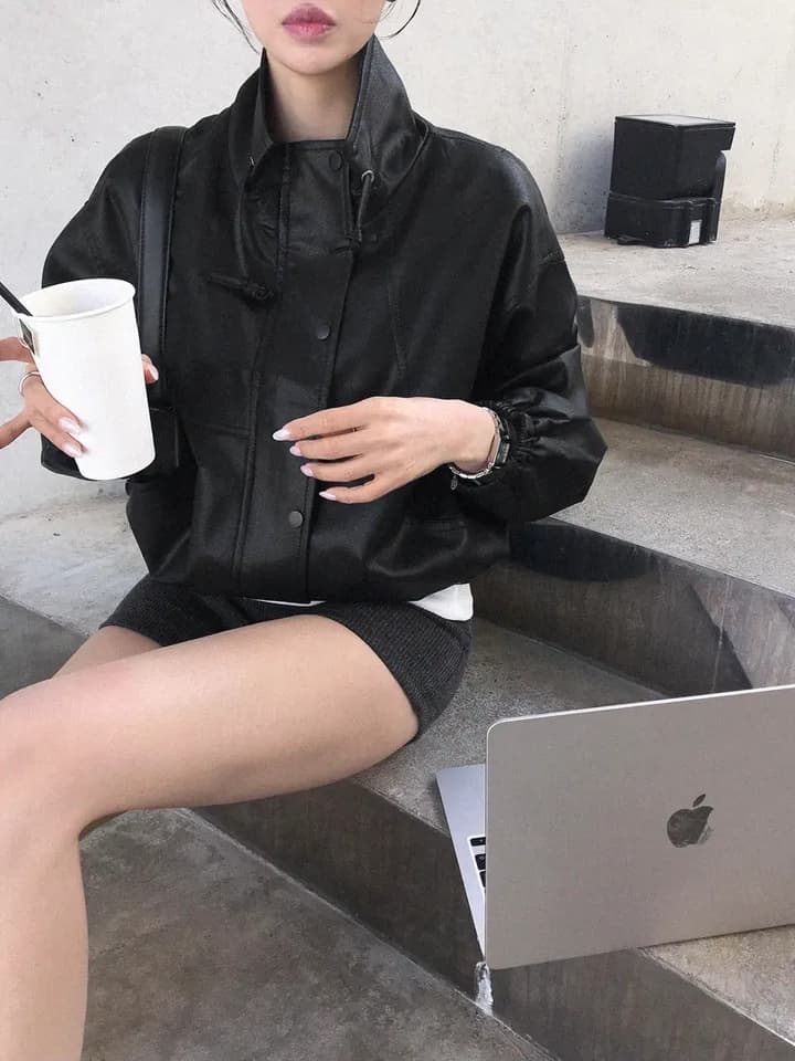ins 한국 가을 패션 작은 대중 레트로 개성 터틀넥 펌프 로프 허리 수축 오토바이 pu 가죽 재킷 재킷 재킷 이미지 4