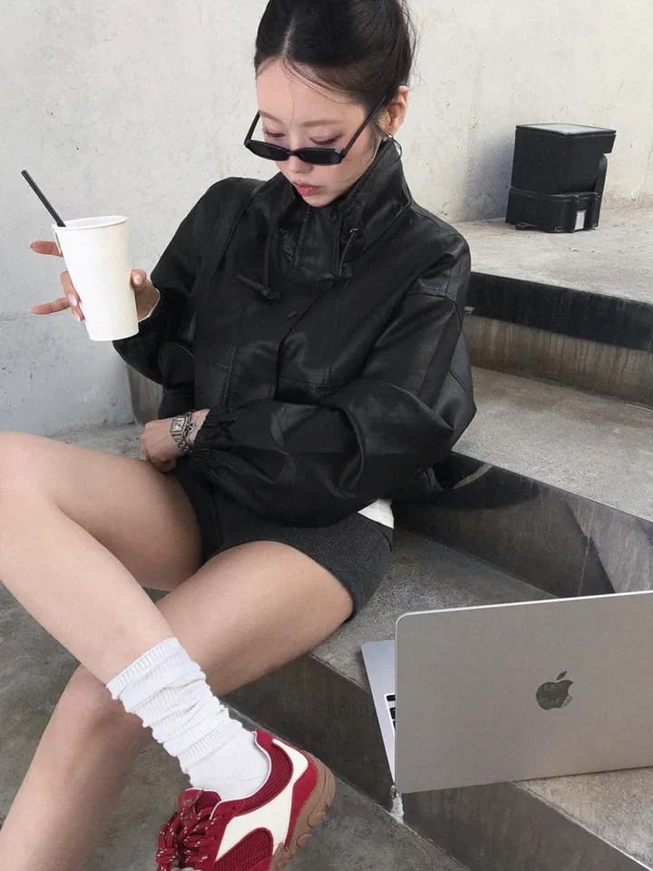 ins 한국 가을 패션 작은 대중 레트로 개성 터틀넥 펌프 로프 허리 수축 오토바이 pu 가죽 재킷 재킷 재킷 상세 이미지 7