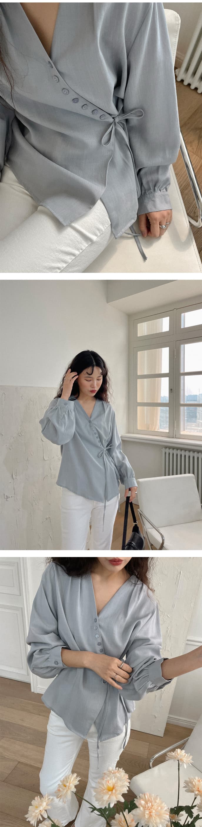 chic 한 부서 가을 레트로 작은 대중 불규칙 십자가 V넥 레이스업 허리 수축 긴팔 셔츠 맨위 상세 이미지 5
