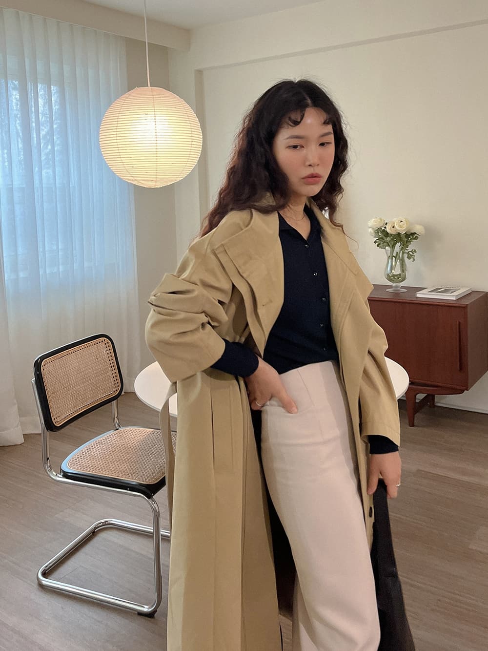 한국 chic 가을 영국식 바람 루즈핏 레트로 작은 대중 싱글 줄 버튼 레이스업 허리 수축 중간 길이 재킷 재킷 이미지 4