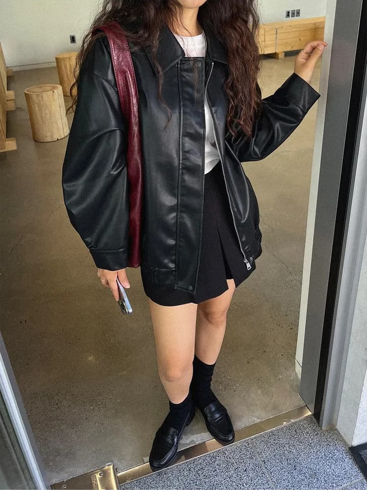 ins 한 부서 가을 겨울 레트로 패션 폴로 칼라 지퍼 개성 품격 오토바이 pu 가죽 재킷 재킷 재킷 이미지 4