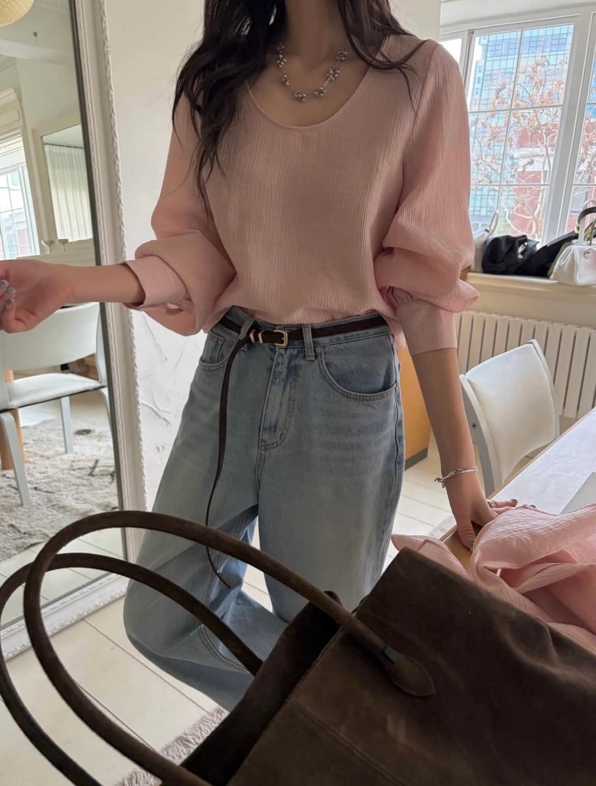 ins 한 부서 프랑스식 u 칼라 부드러운 목도리 레이스업 허리 수축 패션 루즈핏 다용도 셔츠 맨위 이미지 3