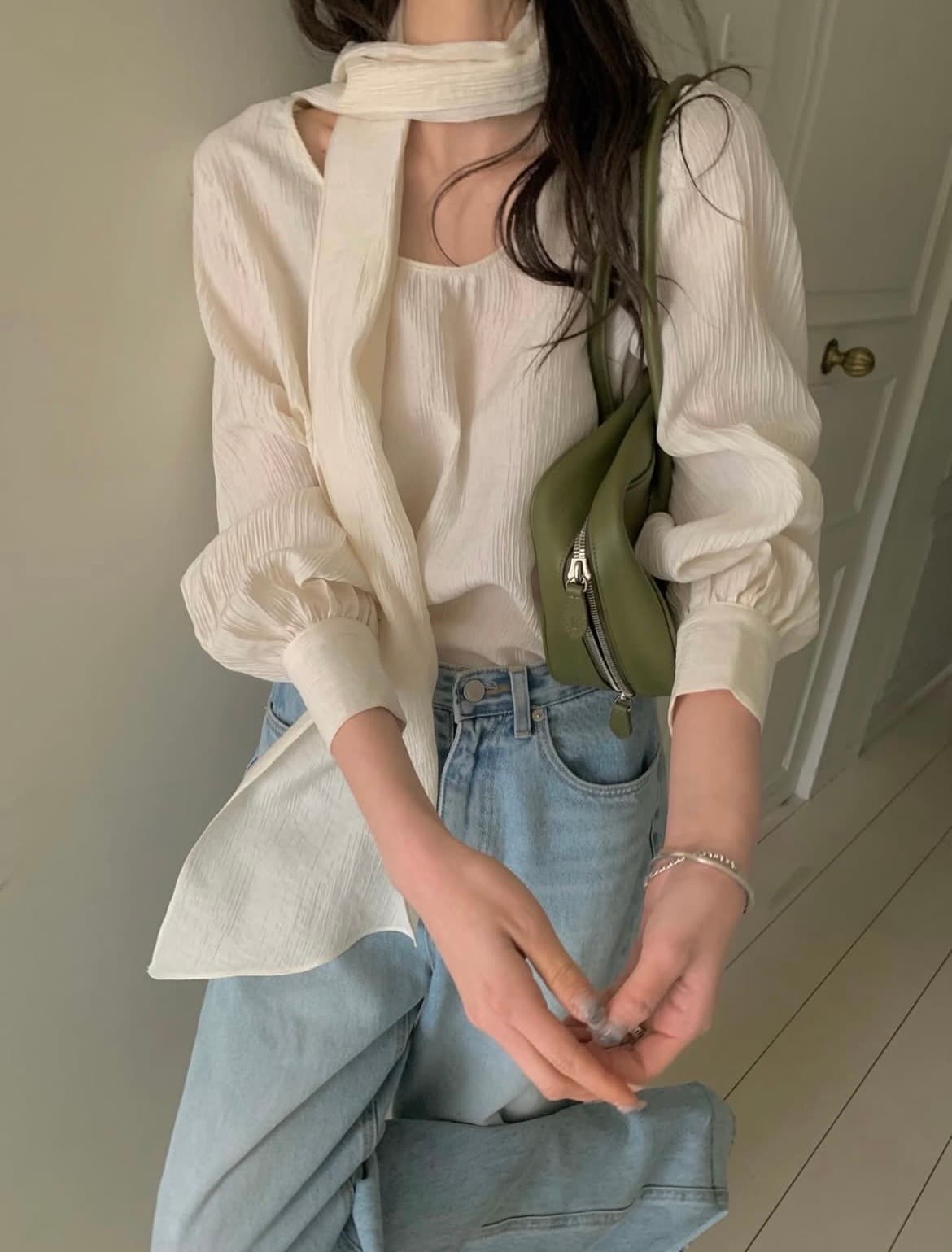 ins 한 부서 프랑스식 u 칼라 부드러운 목도리 레이스업 허리 수축 패션 루즈핏 다용도 셔츠 맨위 상세 이미지 13
