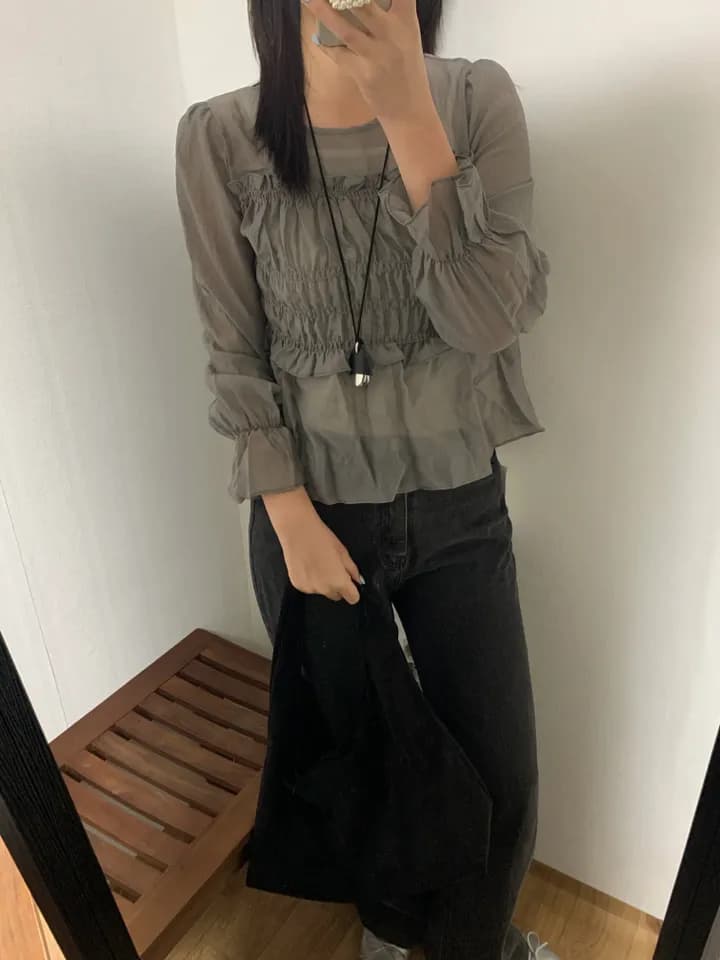 한 부서 이른 가을 프랑스식 부드러운 달콤함 프릴 주름 장식 허리 수축 슬림해 보이는 연꽃 잎 소매 얇은 스타일 쉬폰 블라우스 맨위 상세 이미지 6