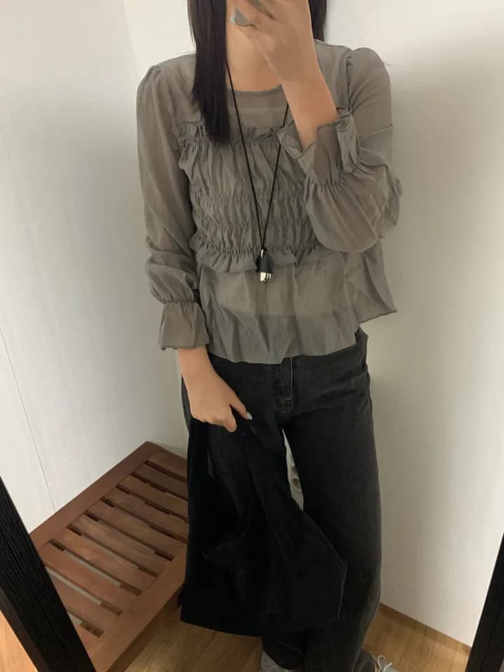 한 부서 이른 가을 프랑스식 부드러운 달콤함 프릴 주름 장식 허리 수축 슬림해 보이는 연꽃 잎 소매 얇은 스타일 쉬폰 블라우스 맨위 상세 이미지 7
