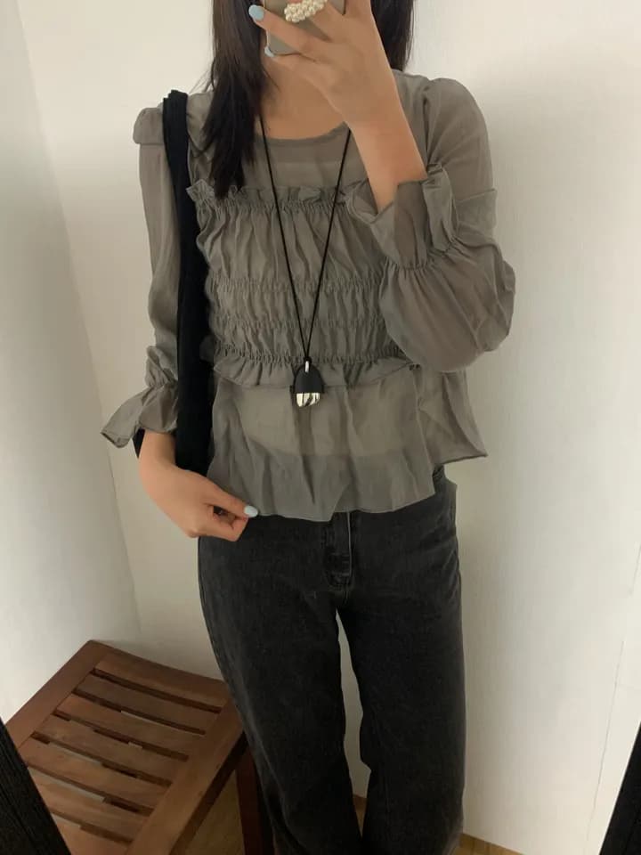 한 부서 이른 가을 프랑스식 부드러운 달콤함 프릴 주름 장식 허리 수축 슬림해 보이는 연꽃 잎 소매 얇은 스타일 쉬폰 블라우스 맨위 상세 이미지 8