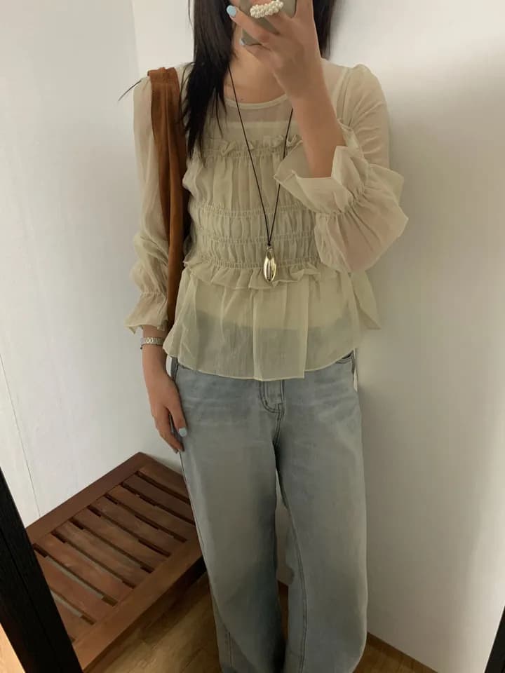 한 부서 이른 가을 프랑스식 부드러운 달콤함 프릴 주름 장식 허리 수축 슬림해 보이는 연꽃 잎 소매 얇은 스타일 쉬폰 블라우스 맨위 상세 이미지 9