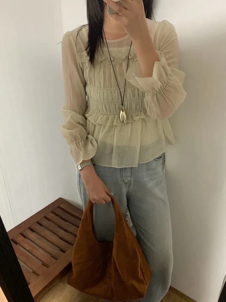 한 부서 이른 가을 프랑스식 부드러운 달콤함 프릴 주름 장식 허리 수축 슬림해 보이는 연꽃 잎 소매 얇은 스타일 쉬폰 블라우스 맨위 상세 이미지 10