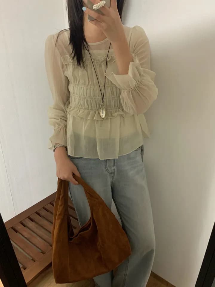 한 부서 이른 가을 프랑스식 부드러운 달콤함 프릴 주름 장식 허리 수축 슬림해 보이는 연꽃 잎 소매 얇은 스타일 쉬폰 블라우스 맨위 상세 이미지 14