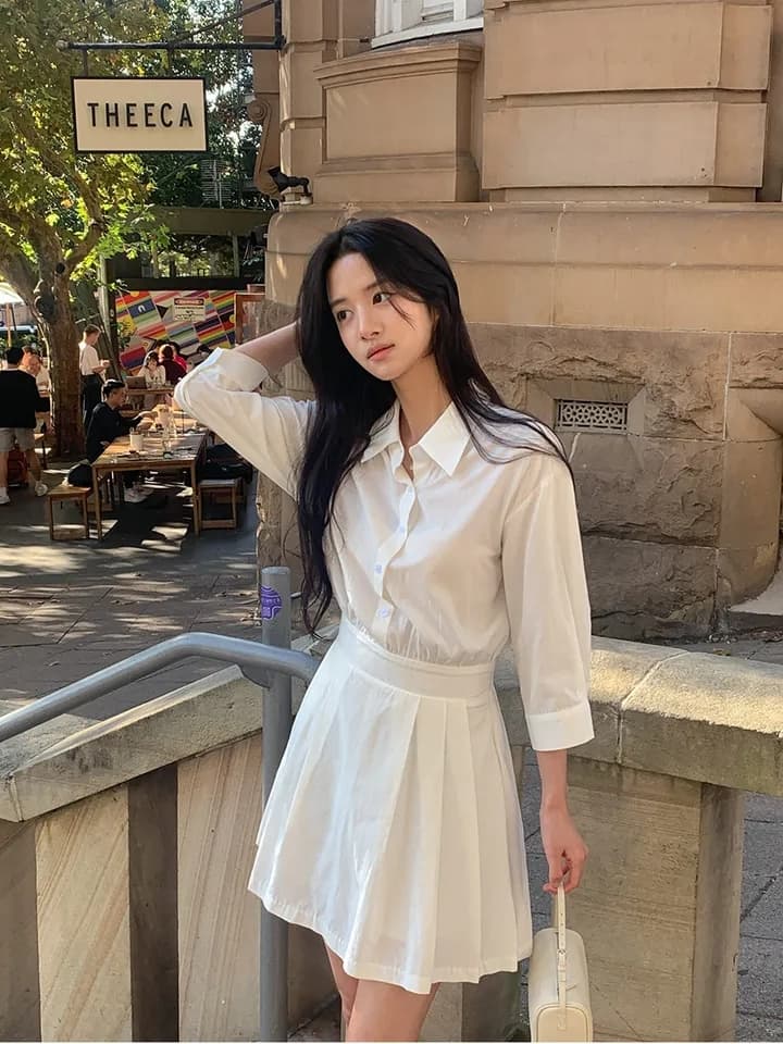 chic 한국 스타일 가을 레트로 폴로 칼라 품격 싱글 줄 버튼 플리츠 셔츠 드레스 미니 스커트 상세 이미지 9