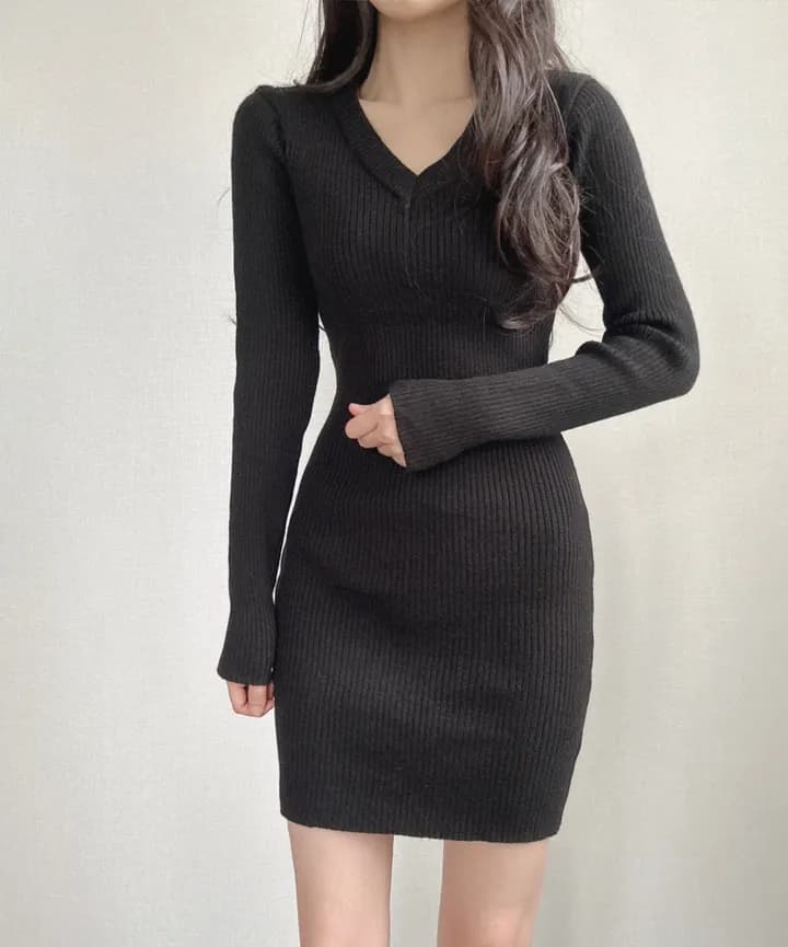 chic 한 부서 가을 겨울 부드러운 패션 캐주얼 V넥 몸매 가꾸기 작은 키 니트 스웨터 타이트 스커트 미니 스커트 드레스 상세 이미지 12
