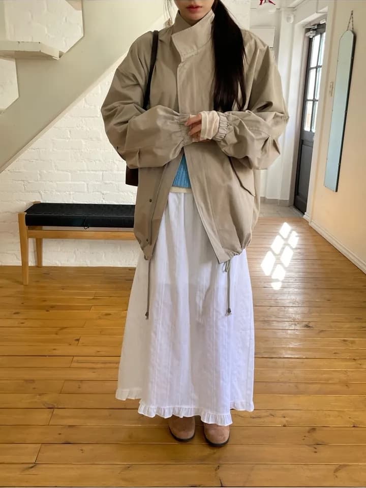 chic 한국 가을 레트로 폴로 칼라 캐주얼 워크웨어 지퍼 어둠 버클 펌프 로프 허리 수축 바람막이 재킷 재킷 상세 이미지 1