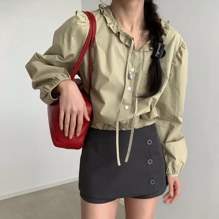chic 한 부서 프랑스식 부드러운 연령 감소 패션 프릴 나비 매듭 거품 소매 소매 Chic 셔츠 맨위