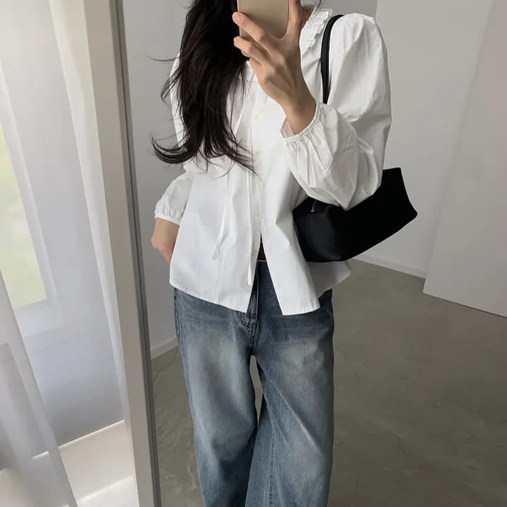chic 한 부서 프랑스식 부드러운 연령 감소 패션 프릴 나비 매듭 거품 소매 소매 Chic 셔츠 맨위 상세 이미지 19