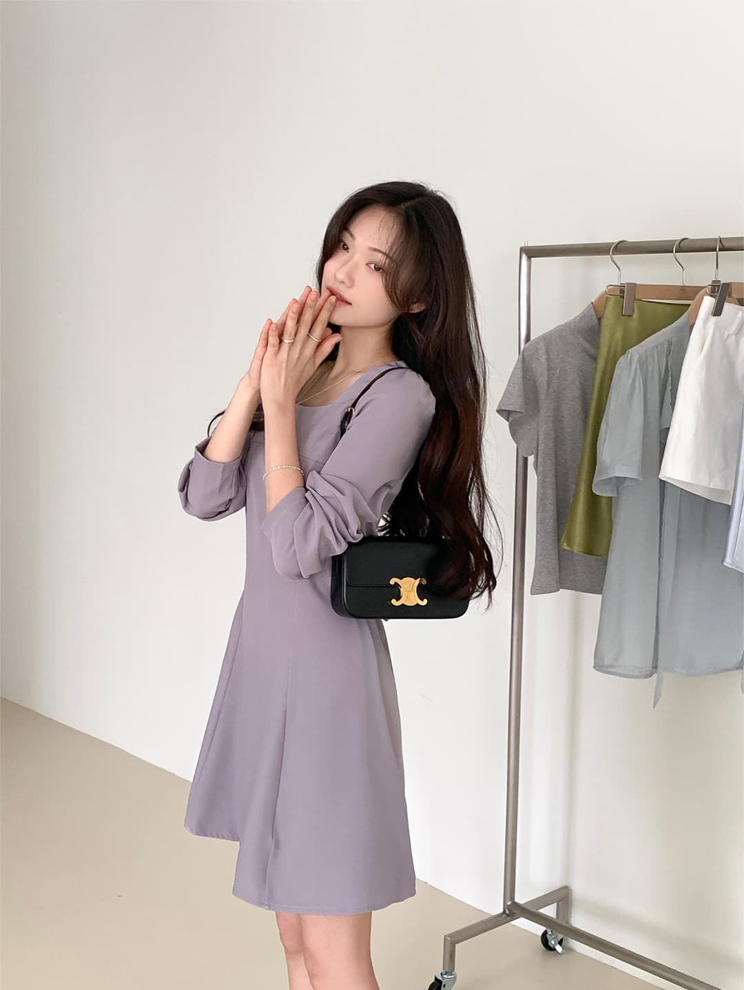 chic 한국 가을 프랑스식 레트로 품격 광장 칼라 거품 소매 레이스업 허리 수축 A라인 스커트 드레스 상세 이미지 4