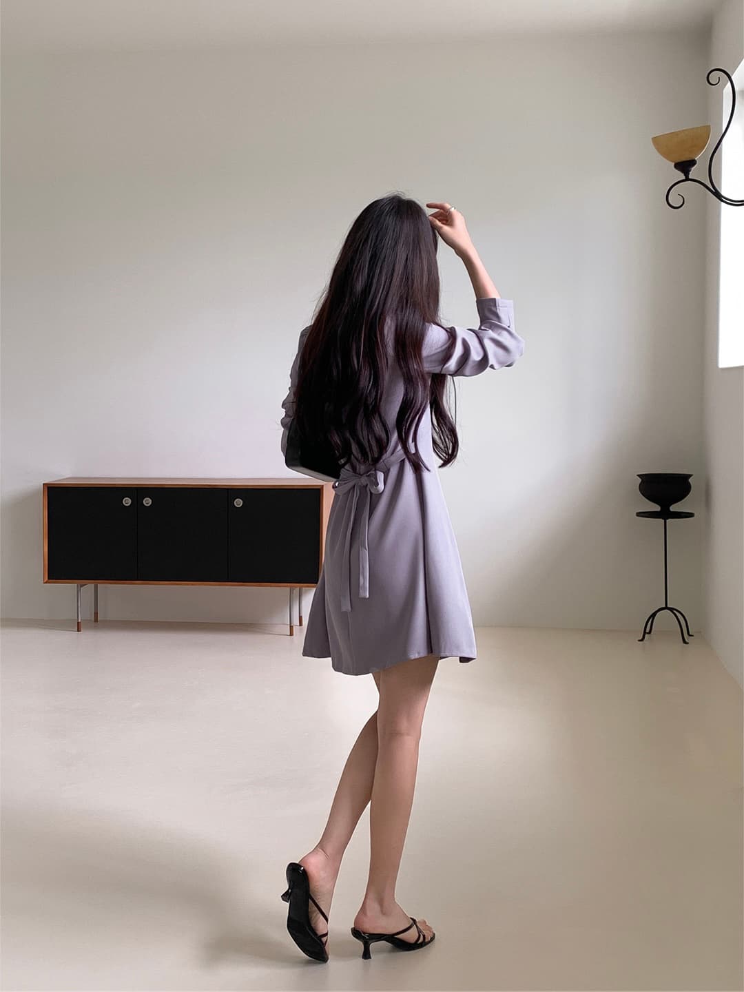 chic 한국 가을 프랑스식 레트로 품격 광장 칼라 거품 소매 레이스업 허리 수축 A라인 스커트 드레스 상세 이미지 7