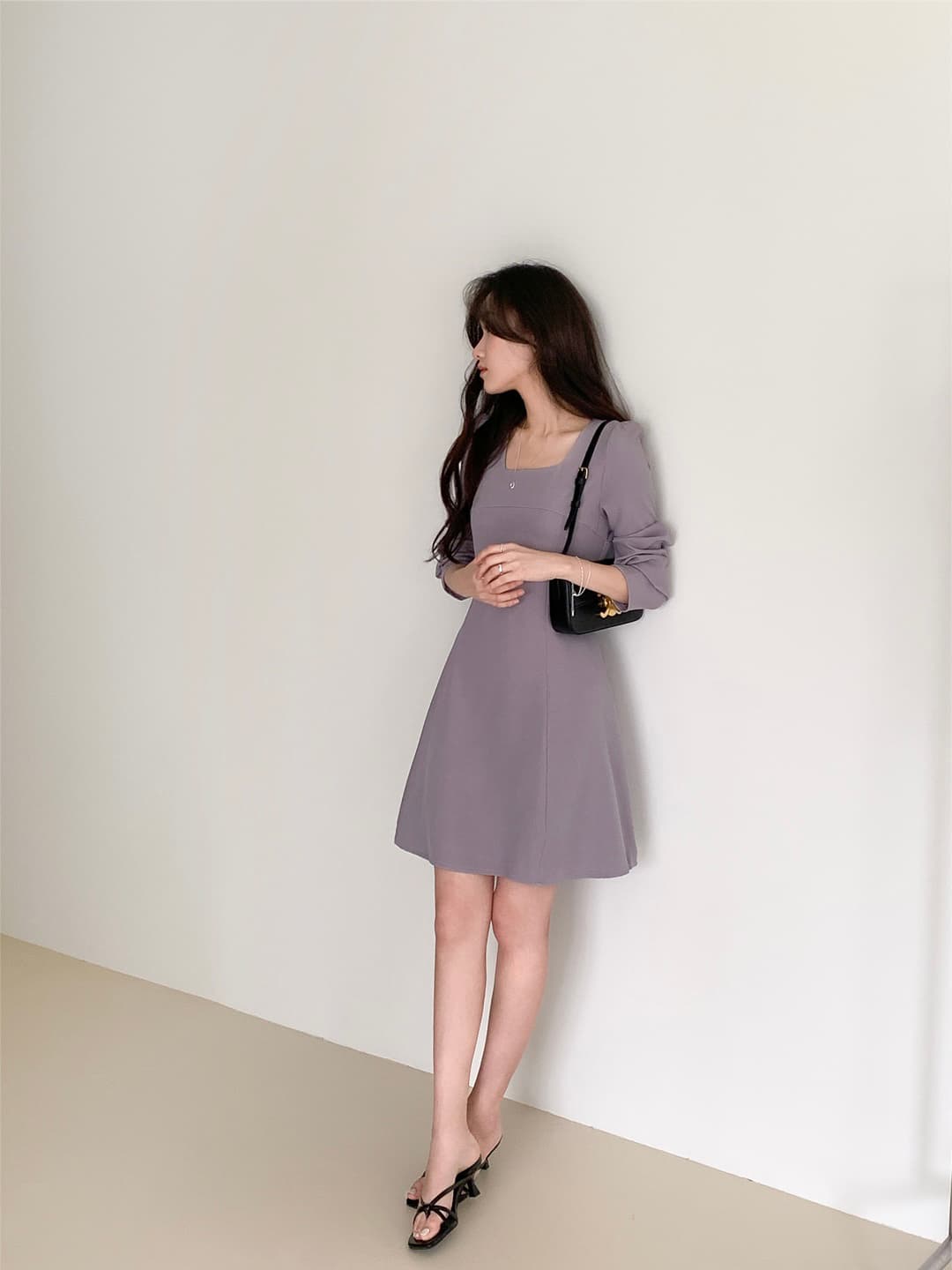 chic 한국 가을 프랑스식 레트로 품격 광장 칼라 거품 소매 레이스업 허리 수축 A라인 스커트 드레스 상세 이미지 14