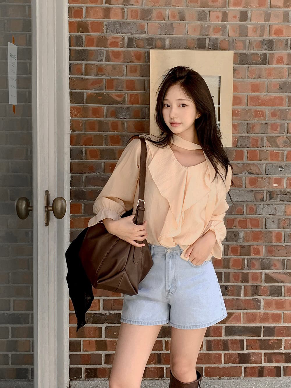 chic 한 부서 가을 프랑스식 우아함 품격 프릴 목도리 레이스업 긴팔 쉬폰 셔츠 맨위