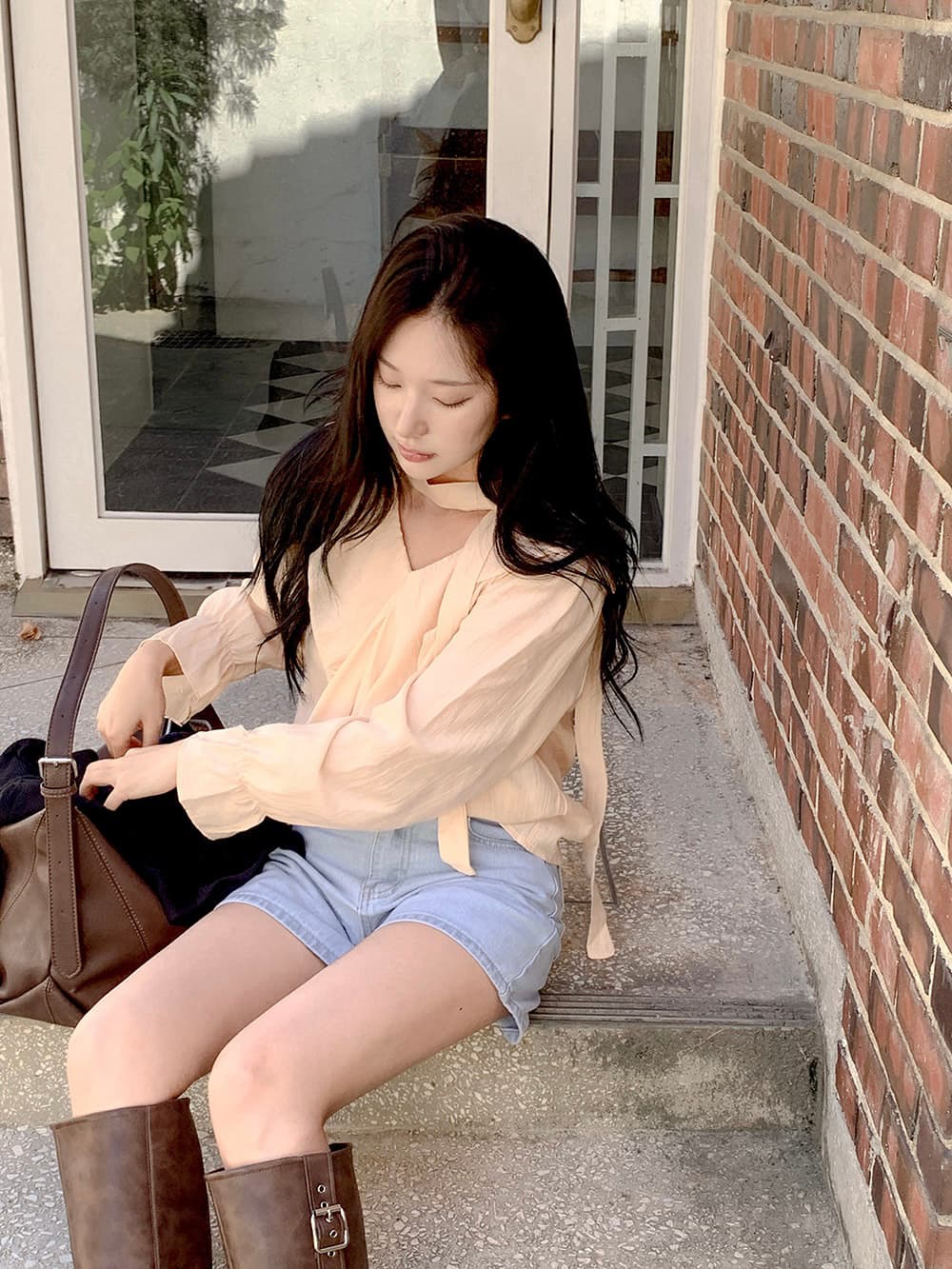 chic 한 부서 가을 프랑스식 우아함 품격 프릴 목도리 레이스업 긴팔 쉬폰 셔츠 맨위 상세 이미지 10