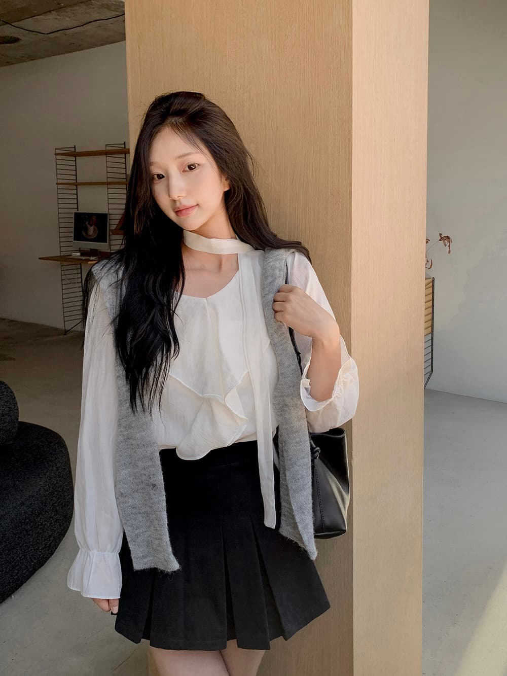 chic 한 부서 가을 프랑스식 우아함 품격 프릴 목도리 레이스업 긴팔 쉬폰 셔츠 맨위 상세 이미지 16