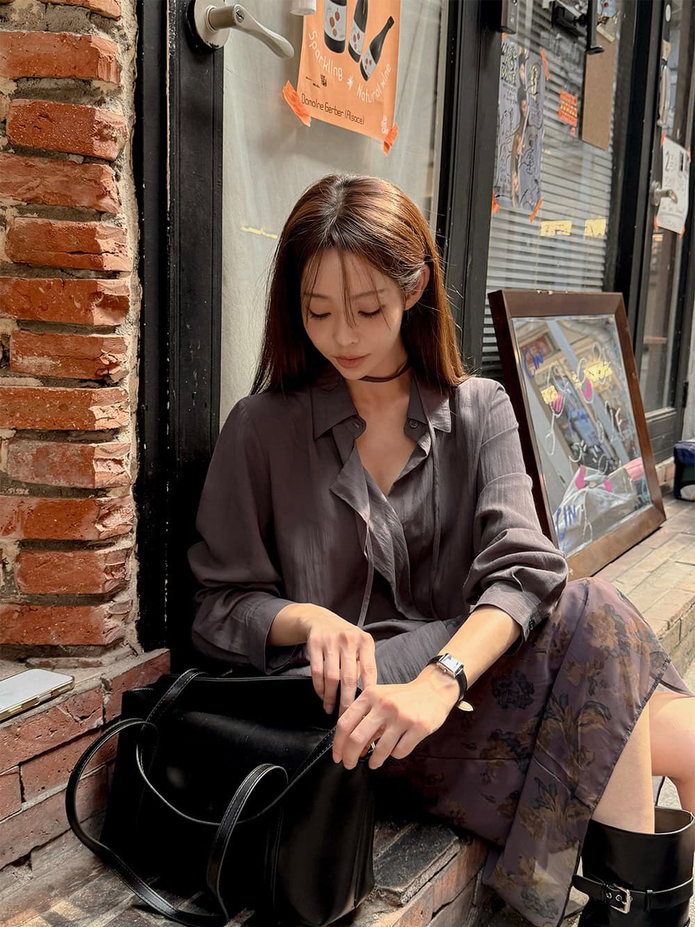 ins 한국 가을 레트로 작은 대중 디자인 센스 싱글 줄 버튼 레이스업 캐주얼 느긋한 루즈핏 다용도 셔츠 맨위 상세 이미지 1