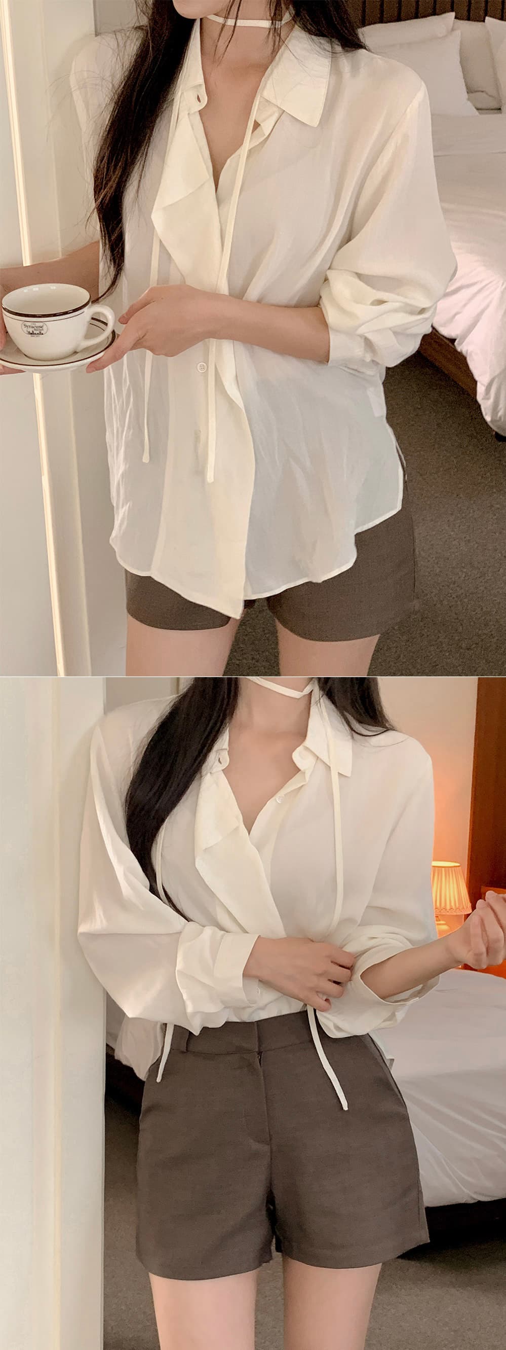 ins 한국 가을 레트로 작은 대중 디자인 센스 싱글 줄 버튼 레이스업 캐주얼 느긋한 루즈핏 다용도 셔츠 맨위 상세 이미지 19