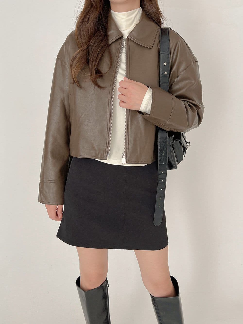 chic 한국 스타일 가을 겨울 레트로 개성 미니멀리즘 폴로 칼라 지퍼 PU 가죽 오토바이 재킷 재킷 상세 이미지 8