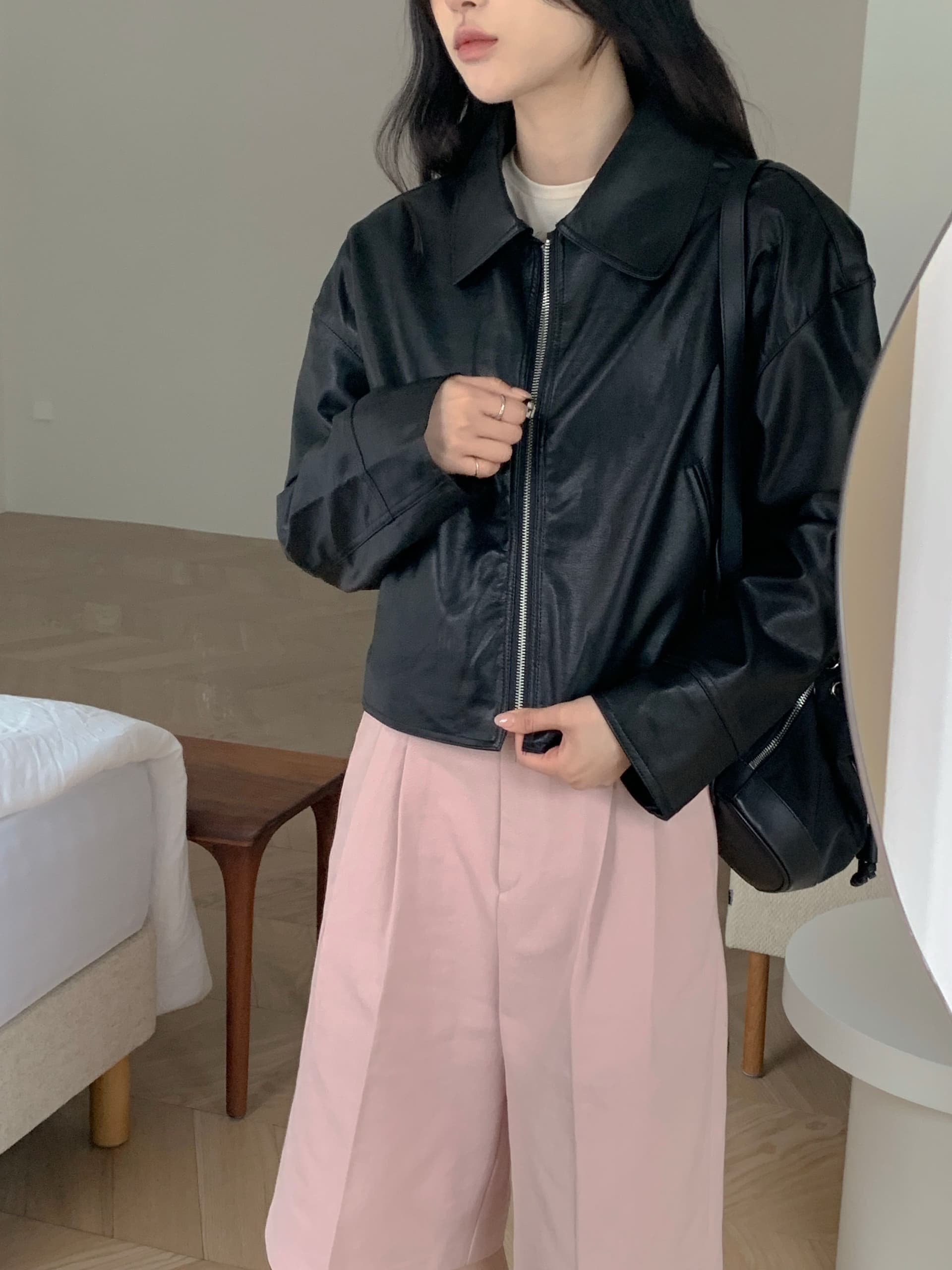 chic 한국 스타일 가을 겨울 레트로 개성 미니멀리즘 폴로 칼라 지퍼 PU 가죽 오토바이 재킷 재킷 상세 이미지 17