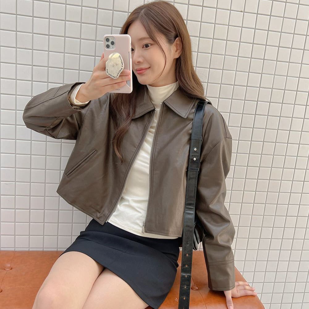 chic 한국 스타일 가을 겨울 레트로 개성 미니멀리즘 폴로 칼라 지퍼 PU 가죽 오토바이 재킷 재킷